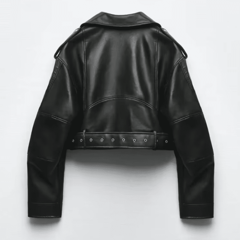 Veste biker femme courte cuir vegan avec ceinture (1)