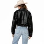 Veste biker femme courte cuir vegan avec ceinture