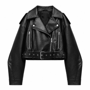 Veste biker femme courte cuir vegan avec ceinture