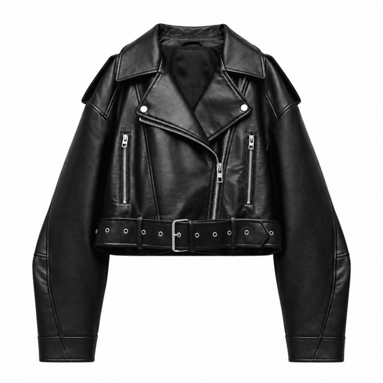 Veste biker femme courte cuir vegan avec ceinture (2)