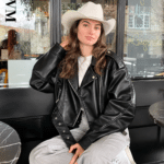 Veste biker femme courte cuir vegan avec ceinture (3)