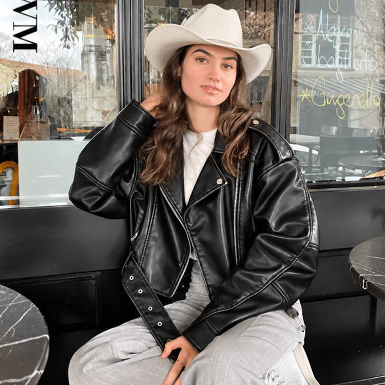 Veste biker femme courte cuir vegan avec ceinture (3)