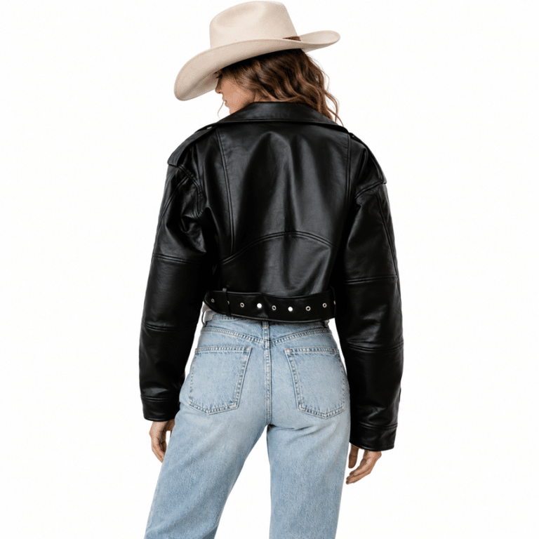 Veste biker femme courte cuir vegan avec ceinture