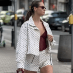 Veste femme blanche à pois noirs coupe ample style rétro (3)