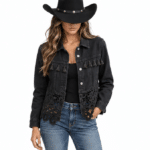 Veste western femme noire dentelle et pompons (1)