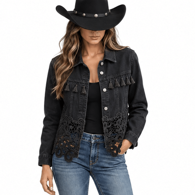 Veste western femme noire dentelle et pompons (1)