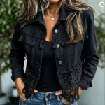 Veste western femme noire dentelle et pompons