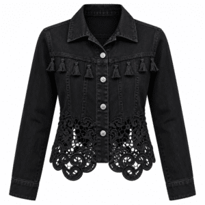 Veste western femme noire dentelle et pompons