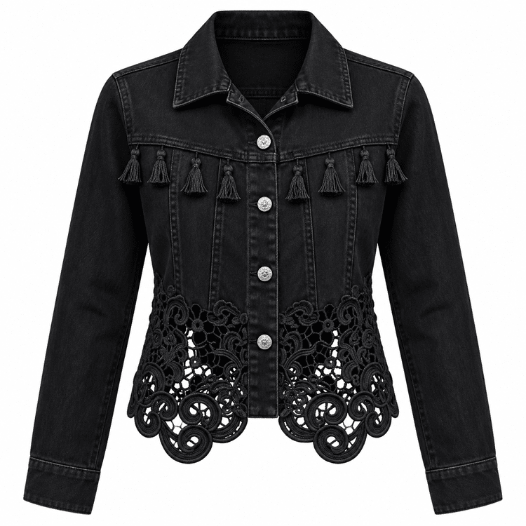 Veste western femme noire dentelle et pompons (2)