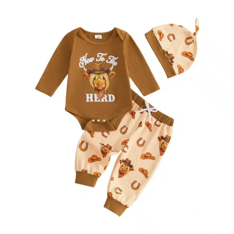 Ensemble bébé cowboy motif cowboy avec bonnet - Brun