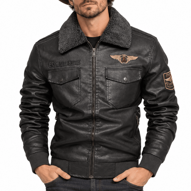 Blouson aviateur homme noir simili cuir col fourré vintage (1)