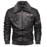 Blouson aviateur homme noir simili cuir col fourré vintage (2)