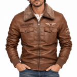Blouson aviateur homme noir simili cuir col fourré vintage (4)