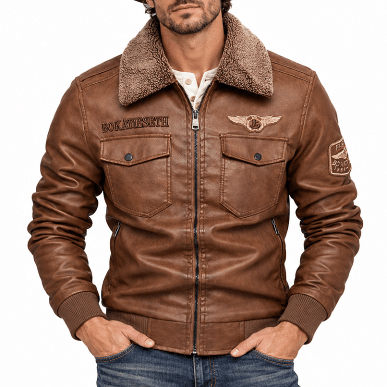 Blouson aviateur homme noir simili cuir col fourré vintage (4)