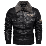 Blouson aviateur homme noir simili cuir col fourré vintage (5)
