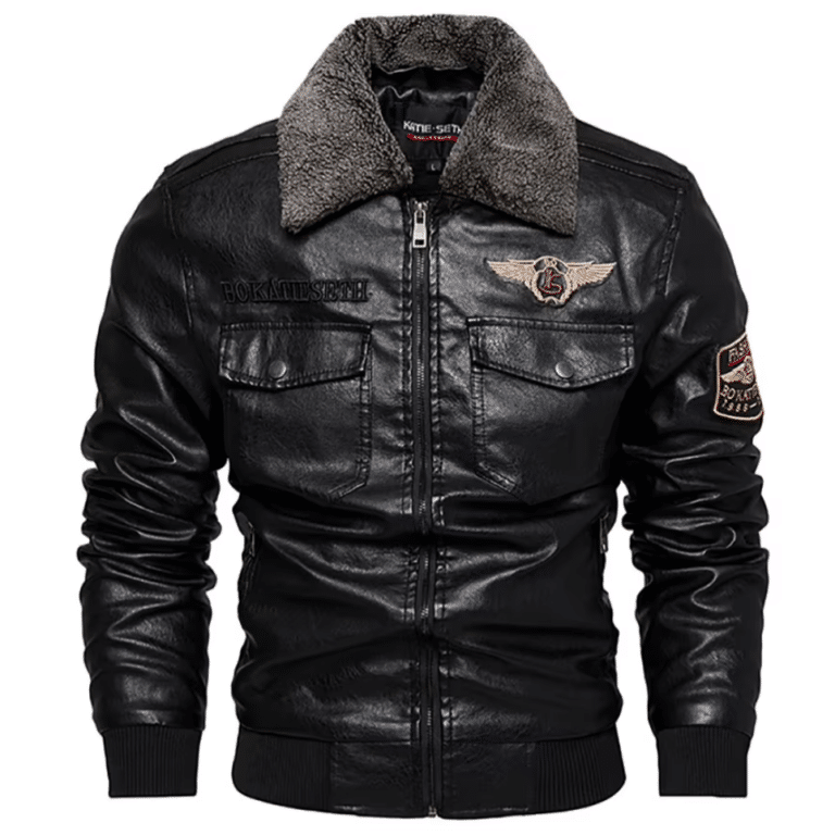 Blouson aviateur homme noir simili cuir col fourré vintage (5)