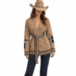 Cardigan femme beige à motifs western et ceinture (1)