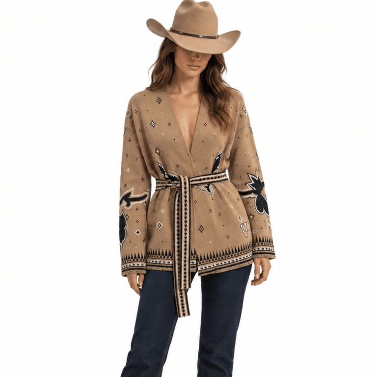 Cardigan femme beige à motifs western et ceinture (1)