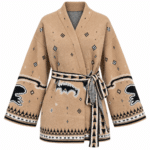 Cardigan femme beige à motifs western et ceinture