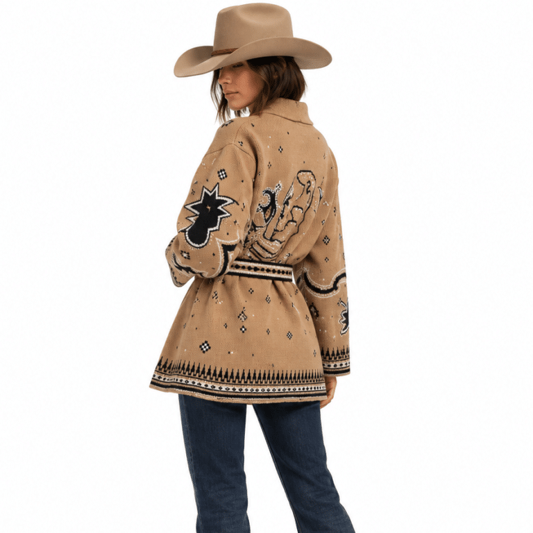 Cardigan femme beige à motifs western et ceinture (2)