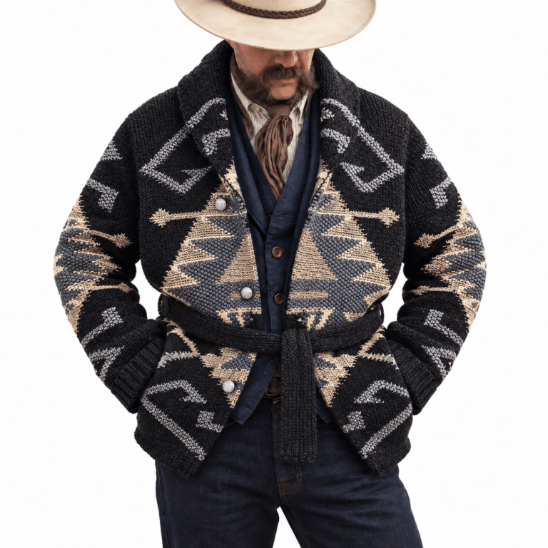 Cardigan homme western noir beige (2)