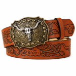 Ceinture western en cuir et boucle crâne de taureau