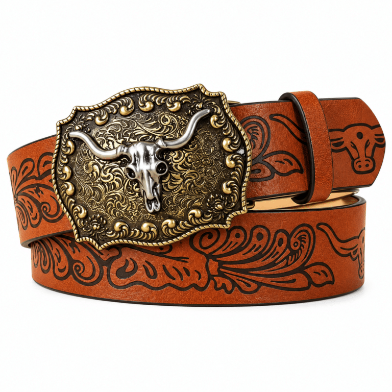 Ceinture western en cuir et boucle crâne de taureau