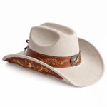 Chapeau cowboy beige à ornements et boucle cheval (1)