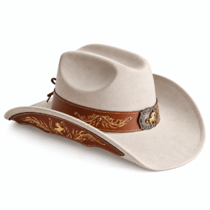Chapeau cowboy beige à ornements et boucle cheval