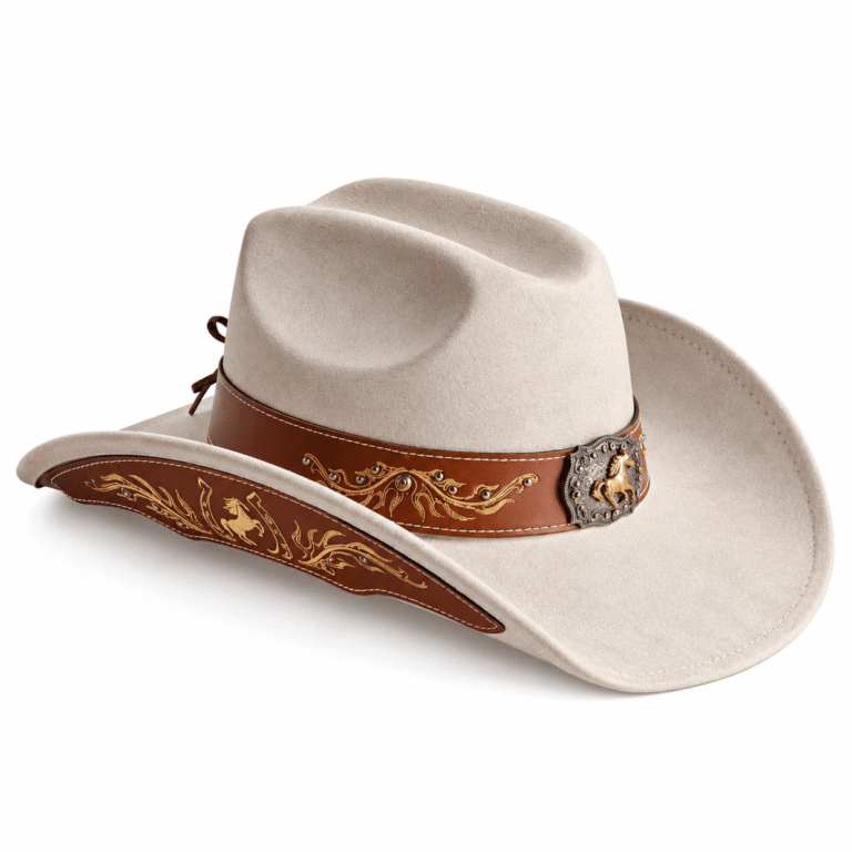 Chapeau cowboy beige à ornements et boucle cheval (1)