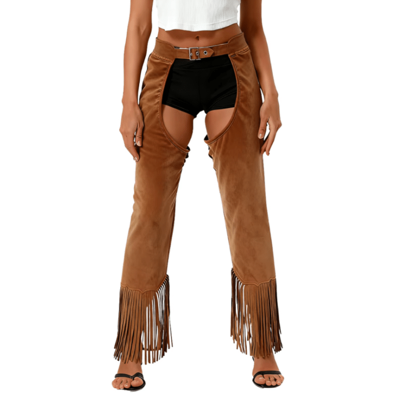 Chaps cowboy femme marron à franges style western (4)