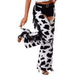 Chaps cowgirl évasés à franges motif vache (1)