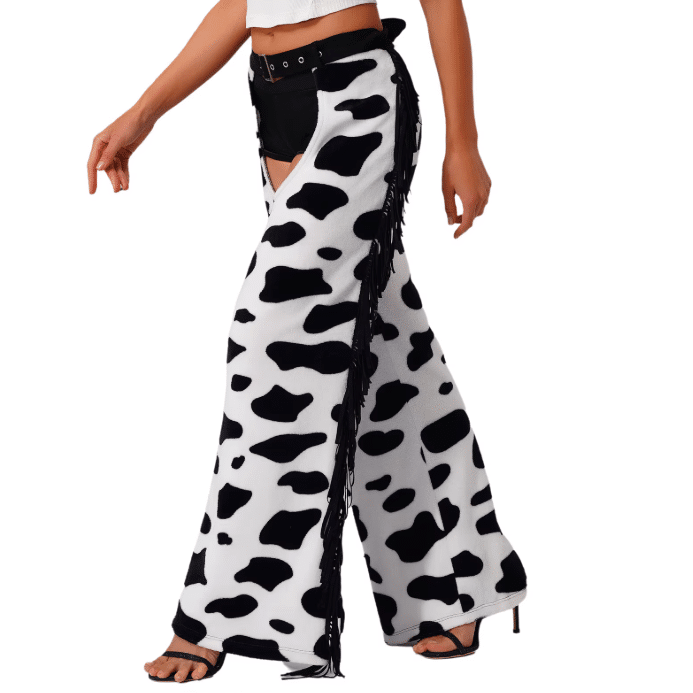 Chaps cowgirl évasés à franges motif vache (4)