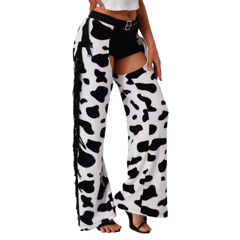 Chaps cowgirl évasés à franges motif vache (6)