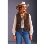 Gilet femme cowboy chaud sans manches marron (2)