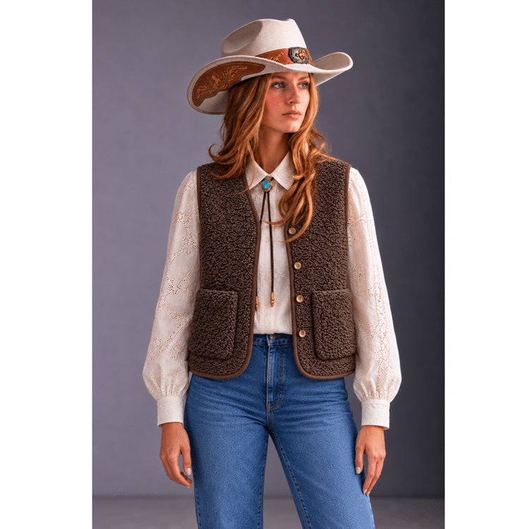 Gilet femme cowboy chaud sans manches marron (2)