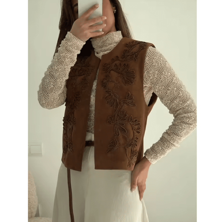 Gilet femme cowboy marron brodé motifs floraux (2)