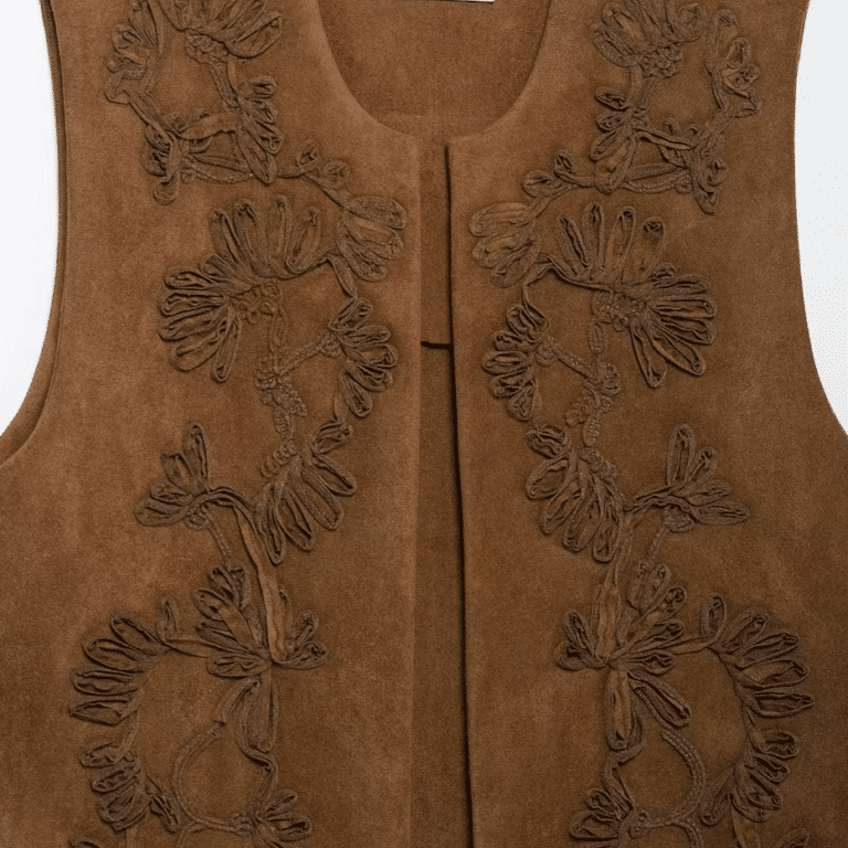 Gilet femme cowboy marron brodé motifs floraux (4)