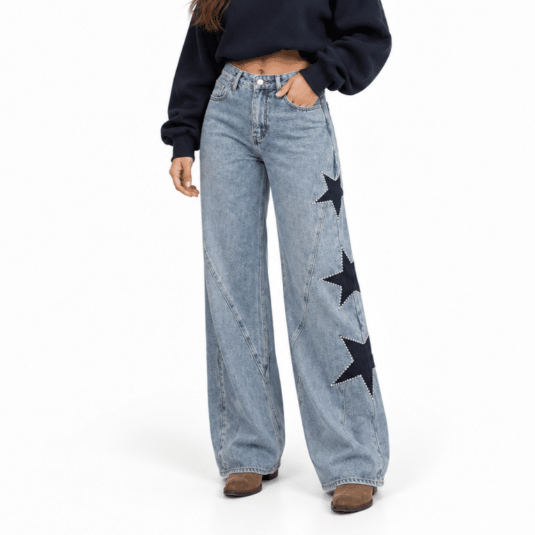 Jean cowboy femme taille haute étoiles