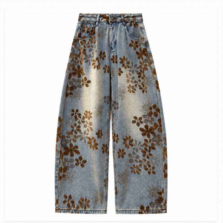 Jean femme vintage années 70 bleu motifs floraux