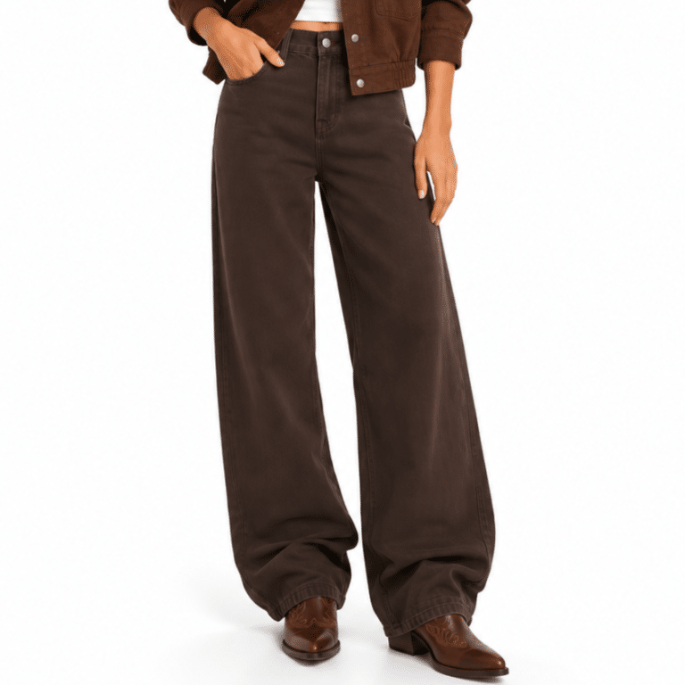 Jean western femme marron coupe large taille haute (5)