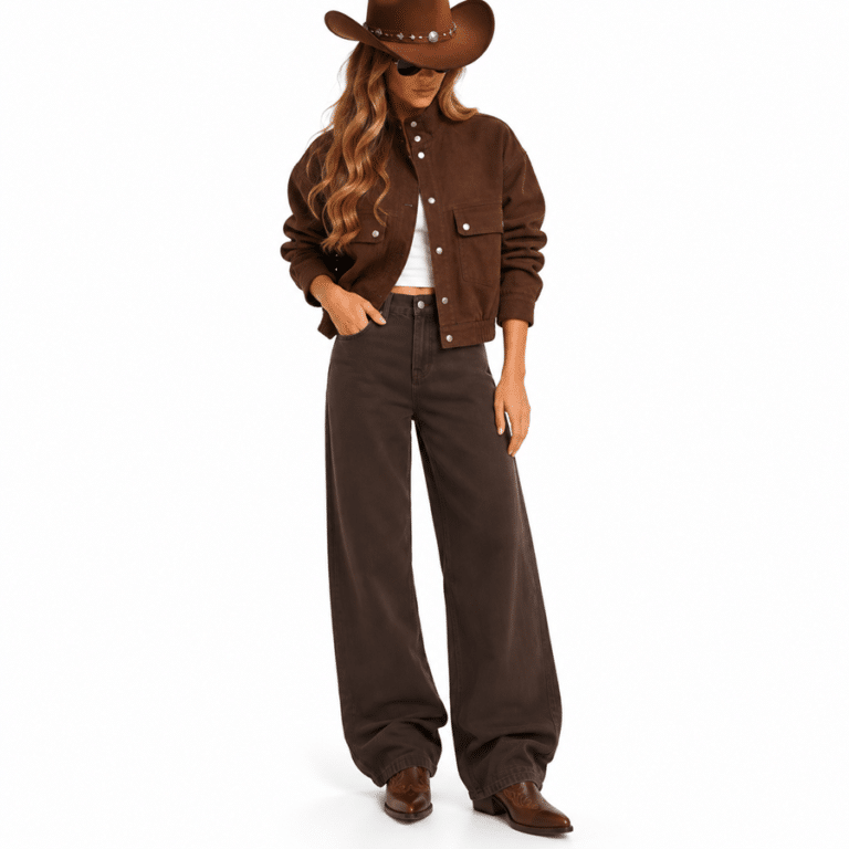 Jean western femme marron coupe large taille haute (6)