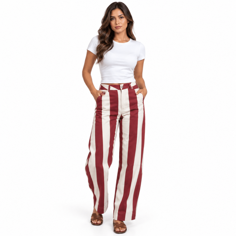 Look mode avec pantalon rayé bordeaux
