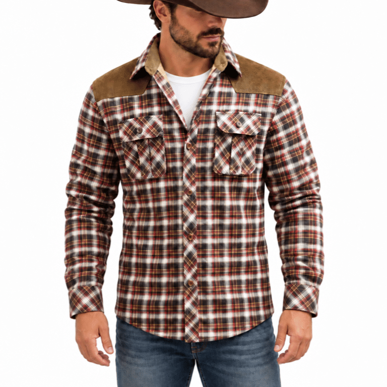 Modèle western en chemise à carreaux