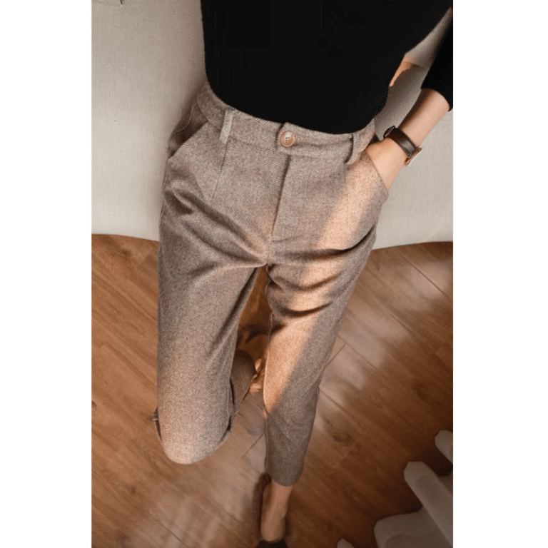 Pantalon femme marron à chevrons taille haute style western (1)