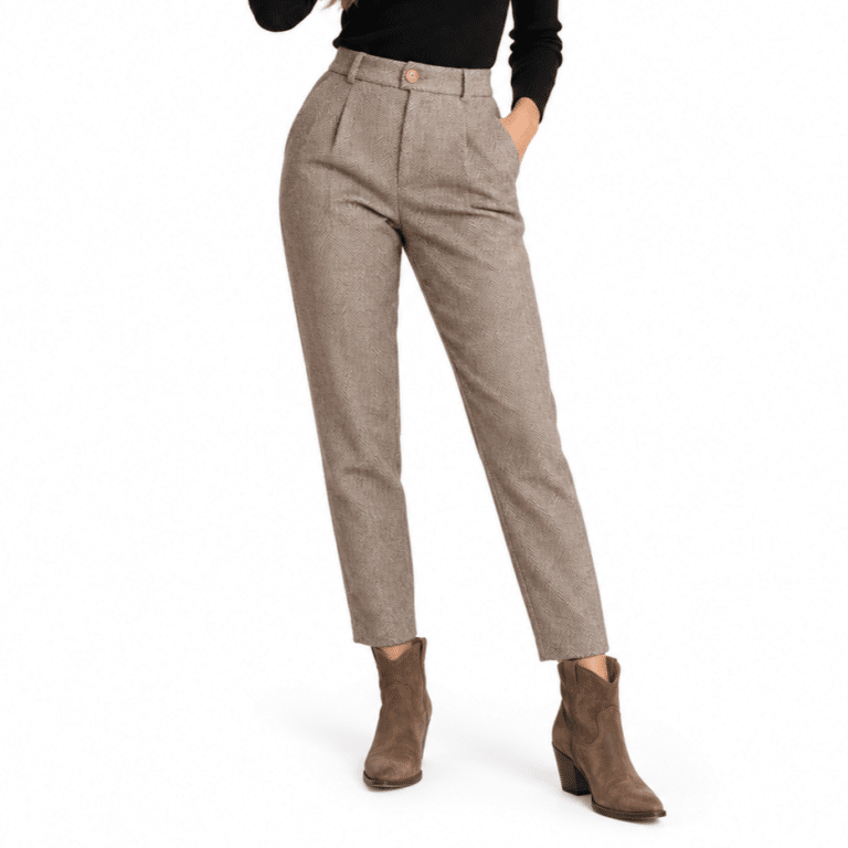 Pantalon femme marron à chevrons taille haute style western