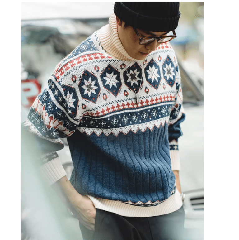 Pull de Noël homme col roulé motifs nordiques vintage (1)