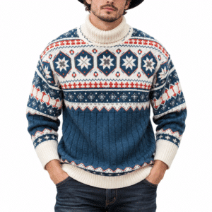 Pull de Noël homme col roulé motifs nordiques vintage