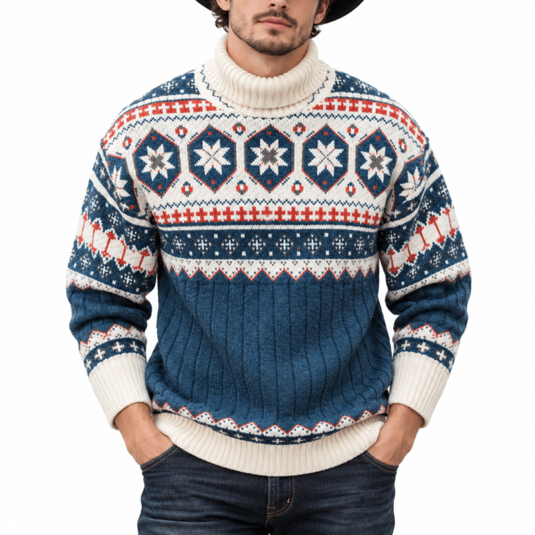Pull de Noël homme col roulé motifs nordiques vintage (3)