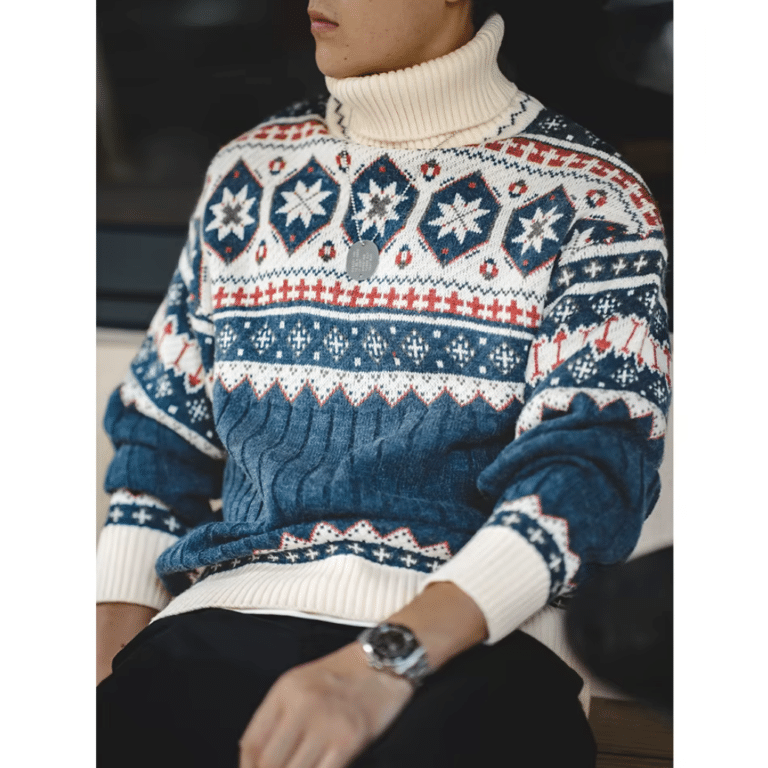 Pull de Noël homme col roulé motifs nordiques vintage (5)